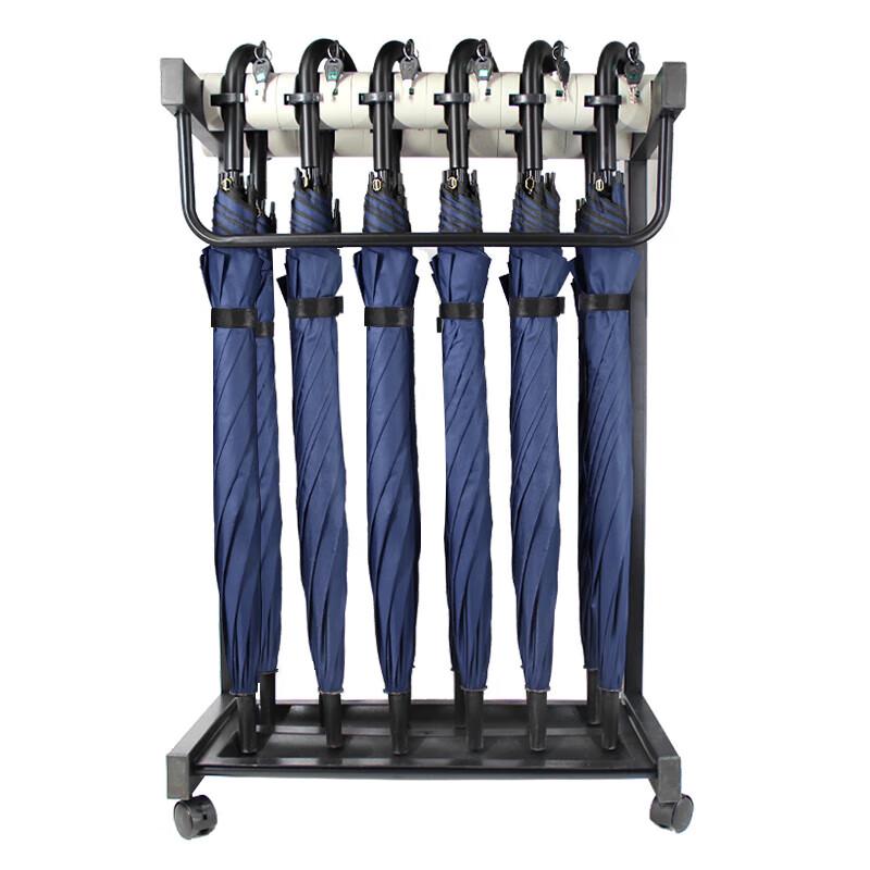 12-Slot Commercial Umbrella Stand with Lock and Blue Umbrellas
