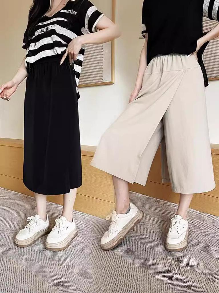 Milan Women's High Waist Wide Leg Cropped Pants - Wrinkled Pleated Skirt Style, Breathable and Loose Fit for Summer.
