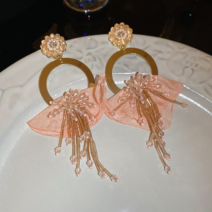 Silver Needle Fabric Flower Glass Fringed Earrings Medium Antique Temperament Stud Earrings Design Sense Niche Earrings