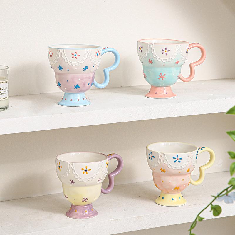 1PC Elegant Romantic Relief Ceramic Cup Mug Office Creative Breakfast Milk Goblet Household Anti-scalding Tableware