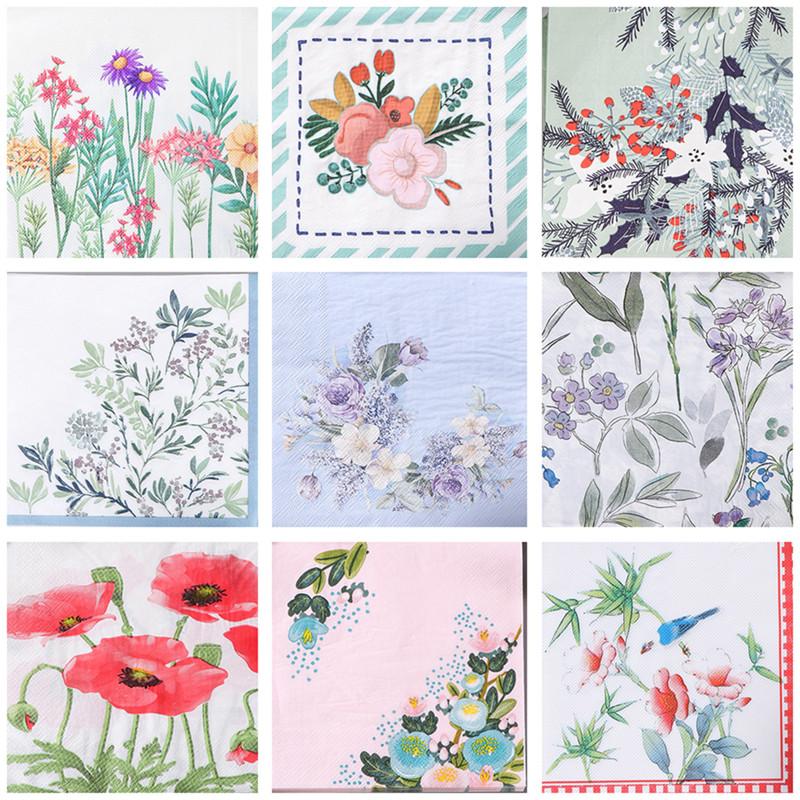 20 Pièces/paquet 33x33cm Papier Imprimé Fleurs Végétales Vaisselle Serviette en Papier Jetable Mouchoirs Décoration Maison Mariage Fête