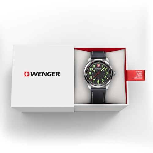 WENGER TERRAGRAPH Men's Watch, Stainless Steel Case (316L), Black Dial, Black Leather Strap, Quartz Movement, 100m Water Resistant, Analog, Gift Item.