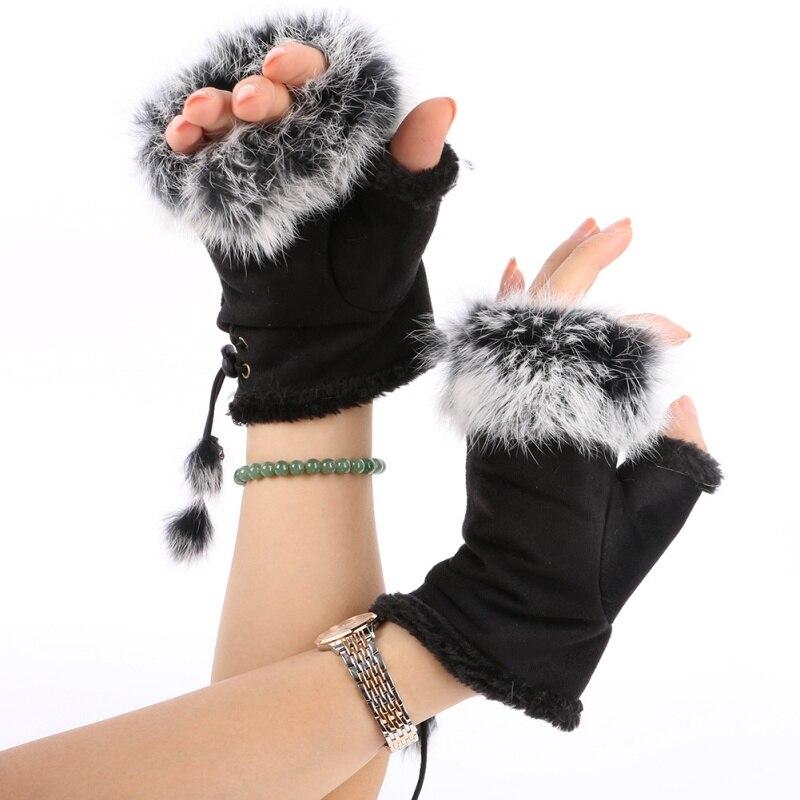 Women Teen Classic Winter Warm Rabbit Faux Fur Hands Wrist Fingerless Gloves Mittens Fingerless Hand Warmer Mitten Gloves