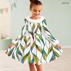 Girls White Furry Collar Long Sleeve Green Blue Leaf Printed Bow Waist A Line Flared Dress