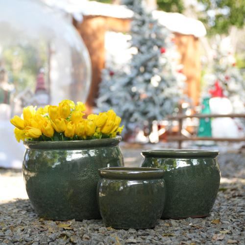 Handmade ceramic plant pot set, 3-piece (Ø 37/30/23 cm), glossy antique blue-green with speckled glaze, frost-resistant, with drainage holes