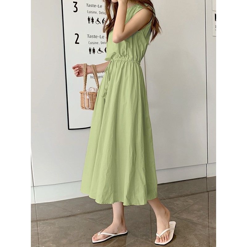 Summer Korean Style New Solid Artistic Student Waist Hugging round Neck Loose Mid-Length Sleeveless Dress Women Dress