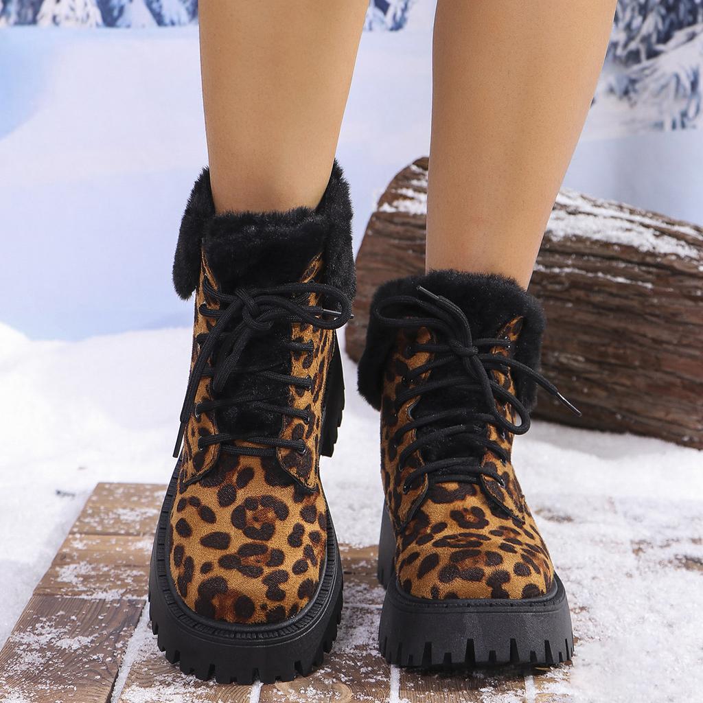 fashion Leopard Print Chunky Platform Ankle Boots for Women 2024 Winter Fashion Plush Warm Snow Boots Woman Thick Sole Fur Cotton Shoes