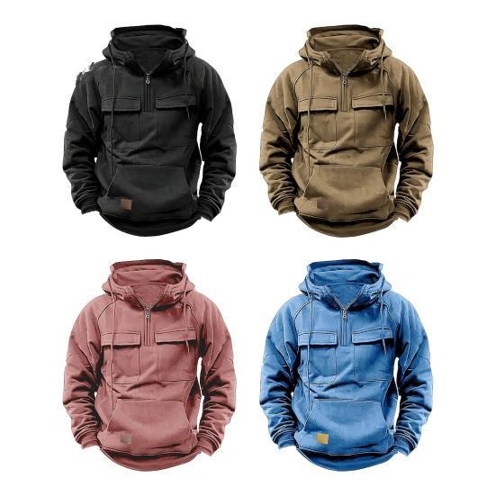 Men's Large Patch Pocket Drawstring Long Sleeve Half-Zip Hoodie clothes sale