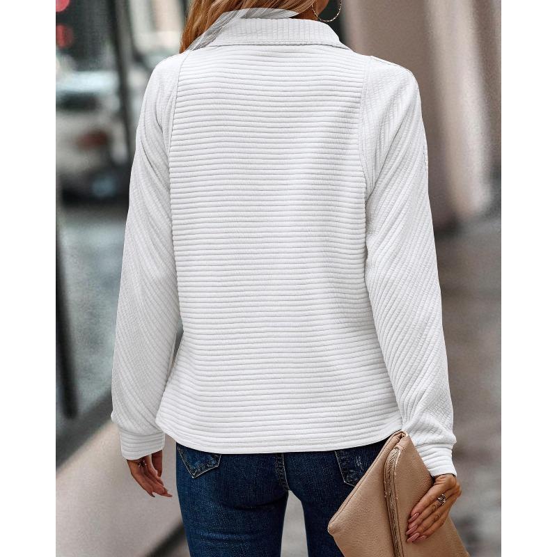VEZFAA Women's Fashion Casual Spring Autumn Stripe Print Long Sleeve POLO Neck Blouses & Shirts