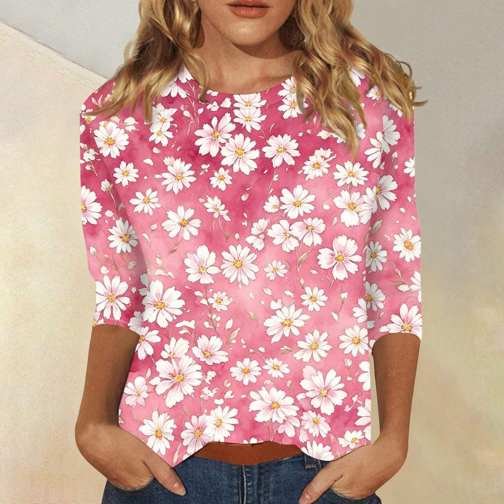 Women's Casual Floral Print Three Quarter Sleeve Round Neck Top Lightweight Comfortable Fit Versatile Everyday Wear