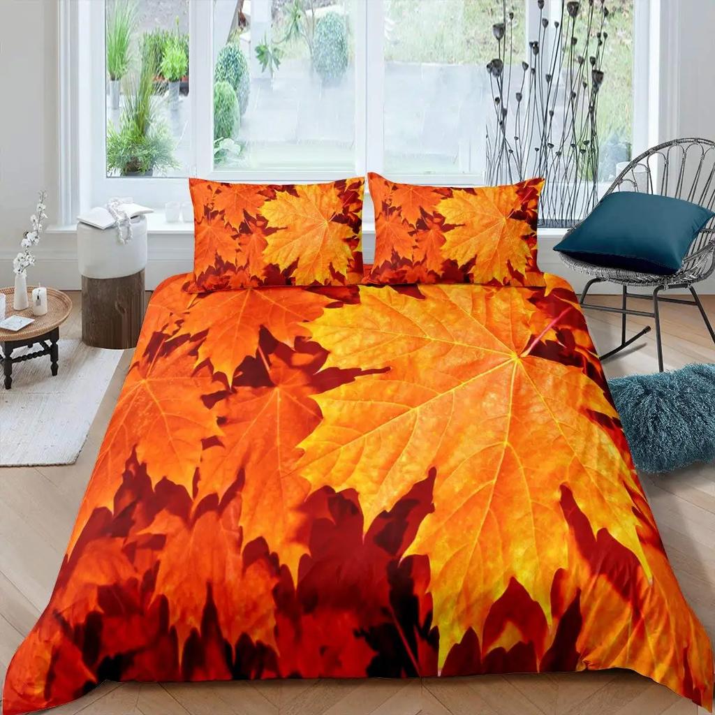 Fall Duvet Cover Seasonal Maple Tree Leaves Botanical Foliage Vibrant Floral Forest Image Decorative 3 Piece Bedding for Women