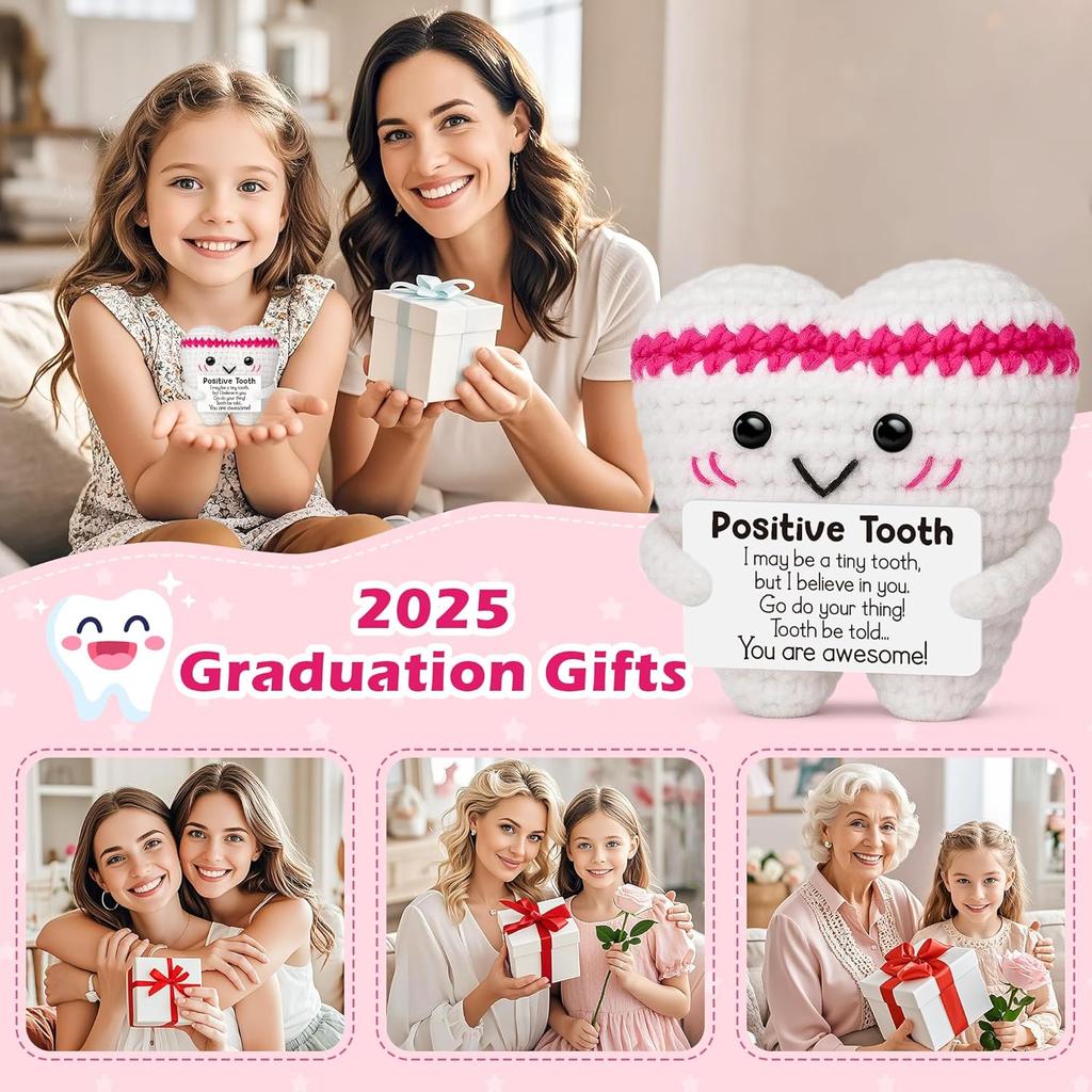 Funny Crochet Positive Energy Tooth Doll With Card Home Room Decoration Handmade Knitted Tooth Desktop Ornament Christmas Gifts