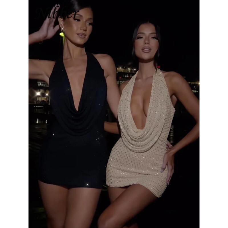 Nibber Diamond Pasted Solid Color Mini Dress Women Fashion Deep V-neck Strapless Dresses Female Trend Streetwear Clothing