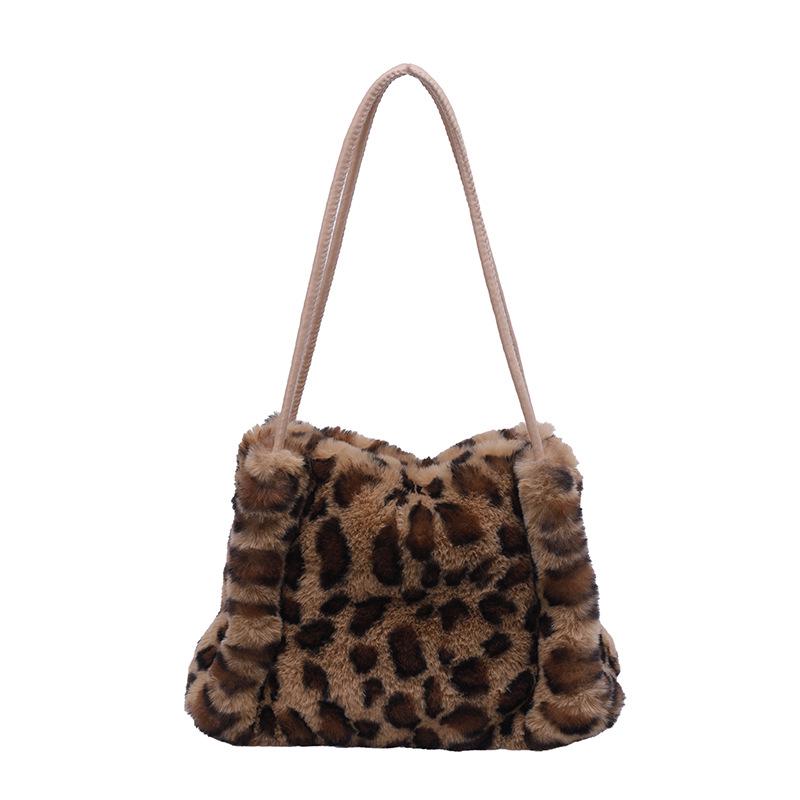 Trendy Leopard Print Plush Casual Shoulder Handbag