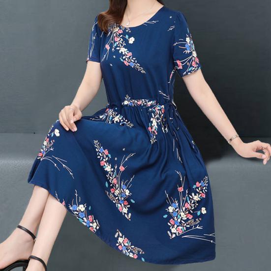 Women's Floral Print Summer Dress Boho Short Sleeve Crew Neck Midi Dress