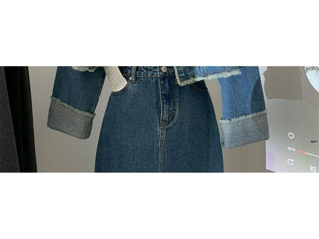 Women's Retro Frayed Denim Suit: Short Jacket & Slit Midi Skirt Two-Piece Set for Spring/Autumn