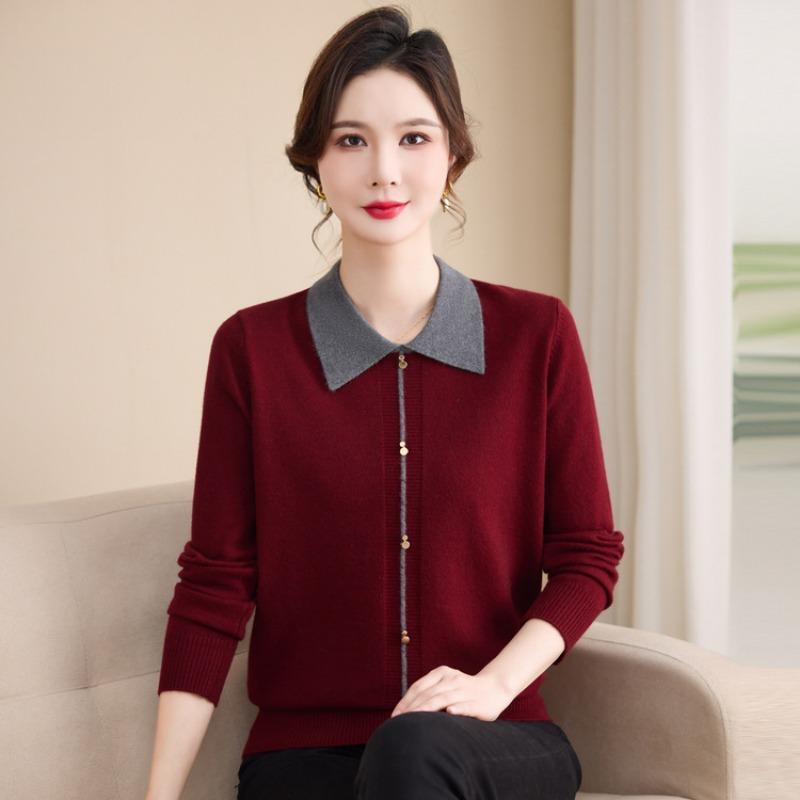 New Fashion Sweater Doll Collar Thin Mom Top Women's Spring and Autumn Long Sleeve Knitted Bottom Shirt