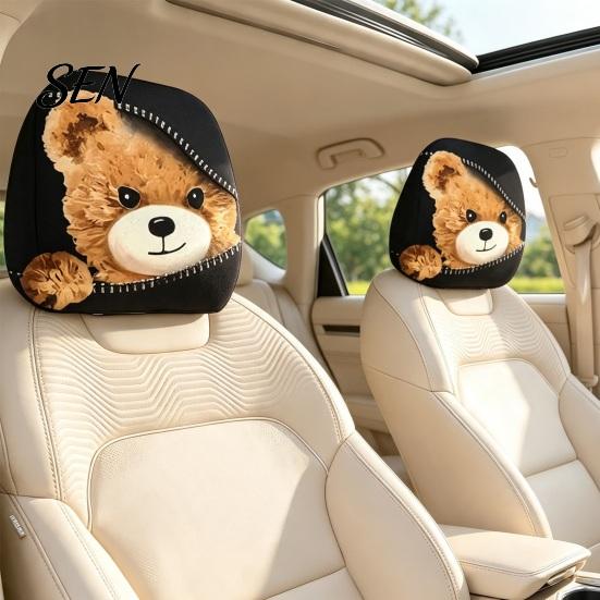Cartoon Graphic Headrest Protectors Zipper Bear Car Cover, 2D Flat Print Cute Seat Humorous Accessories Protector, Universal Breathable Auto Interior