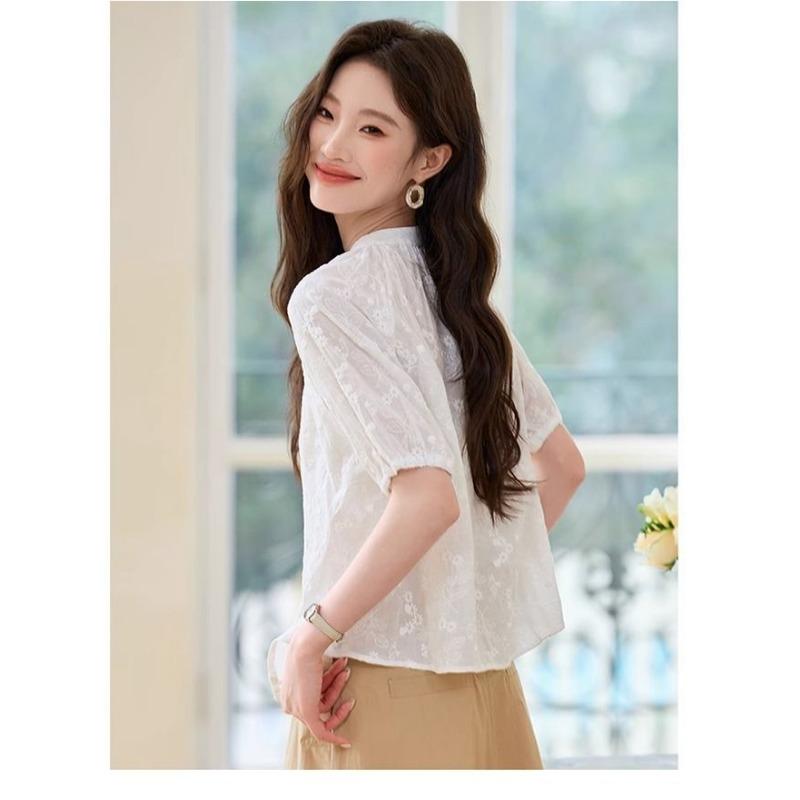 Women's Embroidered Cotton Blouse Casual Round Neck Puff Short Sleeve Button-Up Top