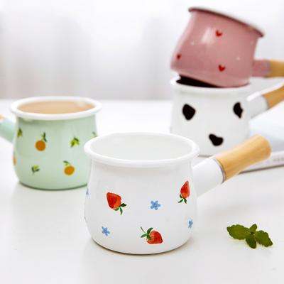 500ml Enamel Coffee Milk Pot With Wooden Handle Saucepan Cookware For Oatmeal Butter Cooking Pan Non Stick Gas Stove Induction