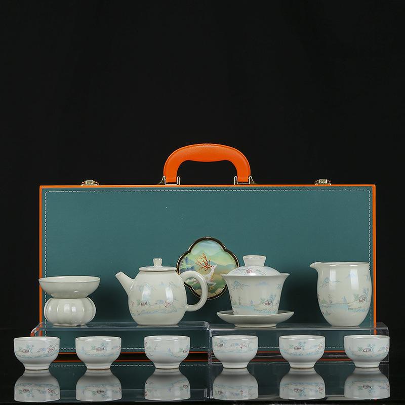 High-end Landscape Ru Kiln Kung Fu Tea Set, a Complete Set of Teapot Cover Bowl Teacup Activities, Holiday Business Gifts