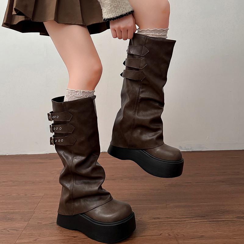 Winter Punk Style Pleated Splicing Women Knee High Boots Fashion Platform Thick Heels Long Booties  De Mujer