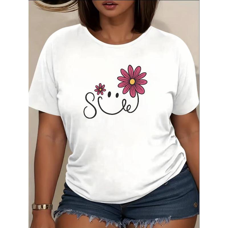 

Women s Soft Breathable Short-Sleeve with Smiling Flower Print - Relaxed Fit Round Neck Blouse, Medium-Stretch Machine-Washable Summer Top in Casual S белый