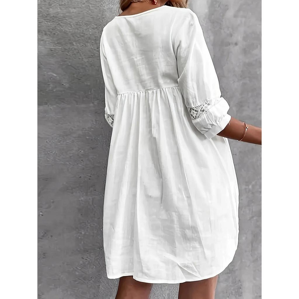 Vestido de fiesta holgado con escote en V y manga 3/4 con costuras de encaje para mujer