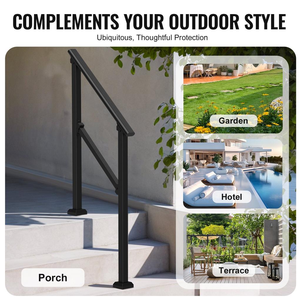 VEVOR Handrails for Outdoor Steps, 2 PCS 2-3 Step Stair Hand Rail Kit, Transitional Carbon Steel Railings with Installation Kit