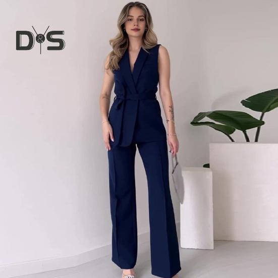 2 Pcs/Set Women Coat Pants Set V Neck Lace-up Slim Waist Mid Length Cardigan Sleeveless Jacket Wide Leg High Waist Straight Trousers Lady Formal