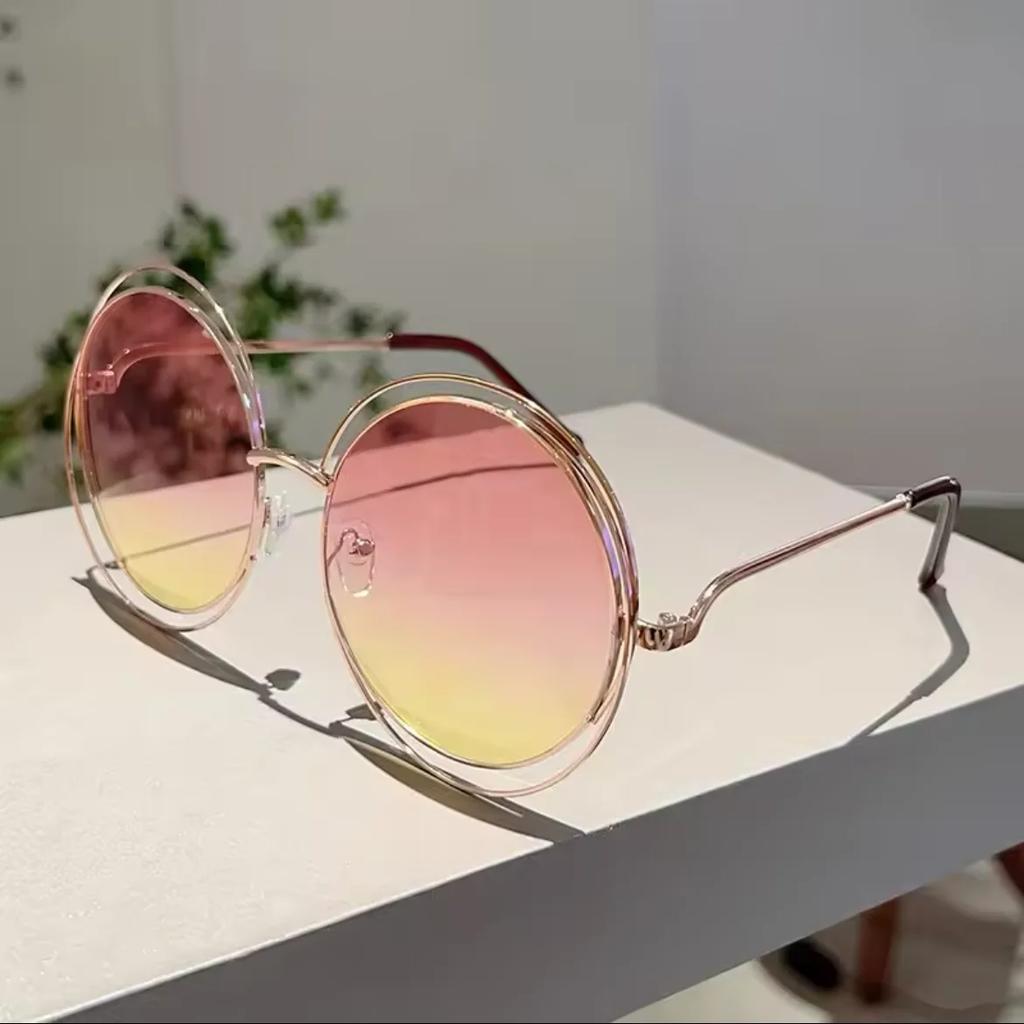 Vintage Oversized Round Sunglasses Women For Men Sun Glasses Punk Popular Big Frame Luxury Brand Designer Hollow Metal Shades