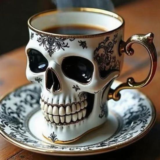 Gothic Skull Coffee Mug Royal Skeleton Cup with Gold Trim Resin Goth Tea Cup Unique Halloween Gift for Skull Lovers