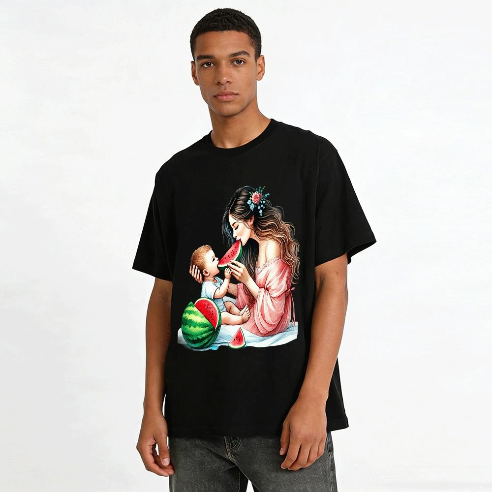 Mother And Baby Sharing Watermelon Print Casual T-Shirt Pure cotton T-shirt