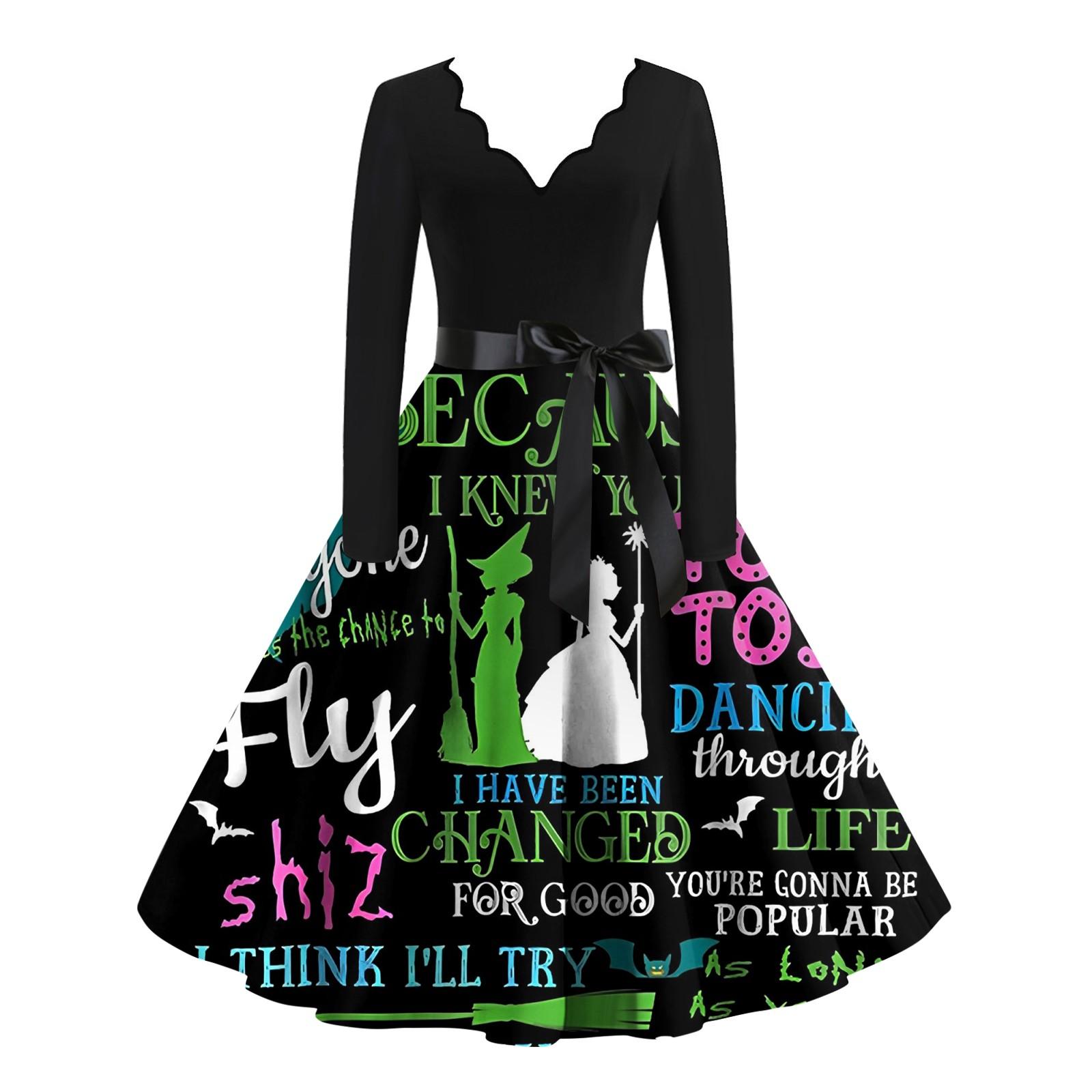 

Женское облегающее элегантное платье-халат с V-образным вырезом и высокой талией с принтом ведьмы и длинными рукавами L чёрный