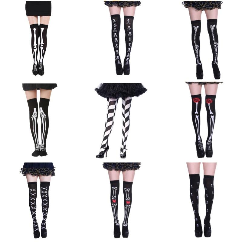Skeleton Halloween Silk Stockings Woman Black Knee High Socks Ghost Props House