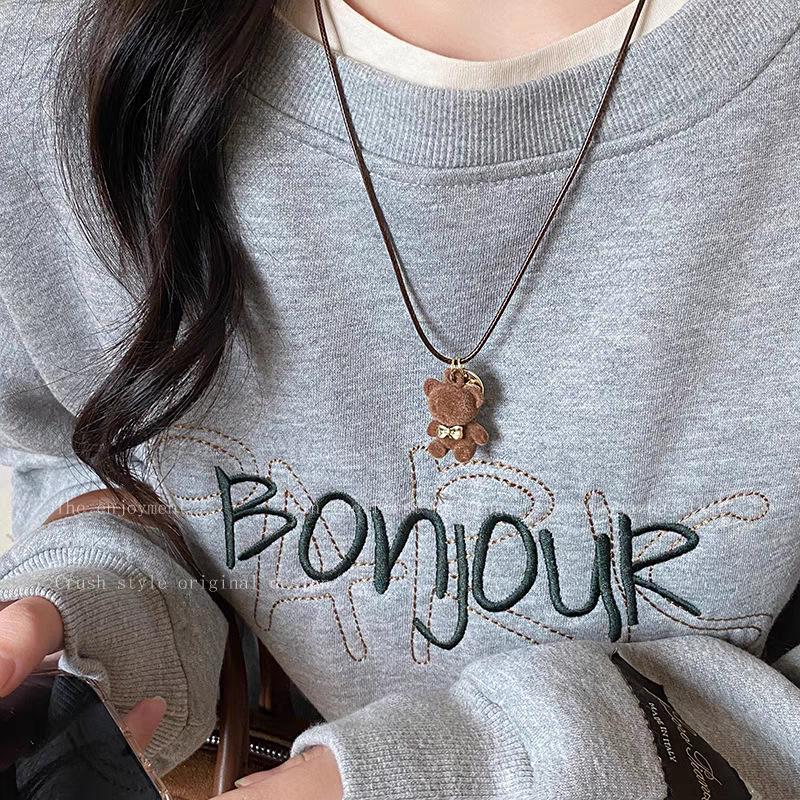 Cute Coffee Plush Bear Necklace Girls Versatile Sweater Chain Childlike Student Party Accessories