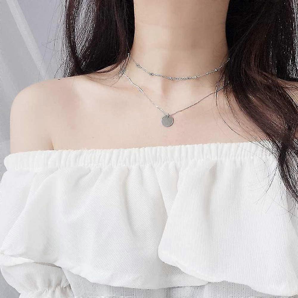 Layered Disc Pendant Choker Necklace For Acsergery Women Girls 925 Sterling Silver 18k Gift