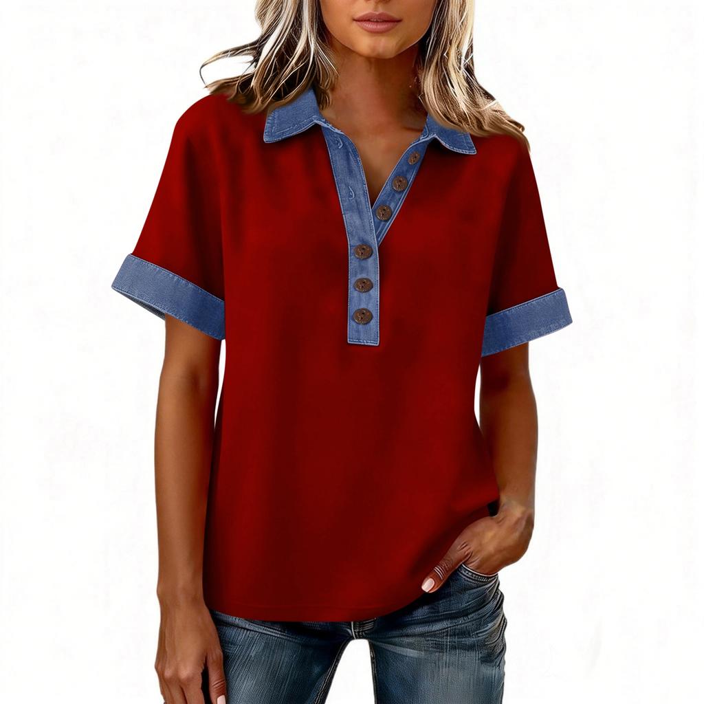 Denim Patchwork Hemden für Damen Stehkragen Lässige Bluse Kurzarm Bequemes T-Shirt Frühling Sommer Mode