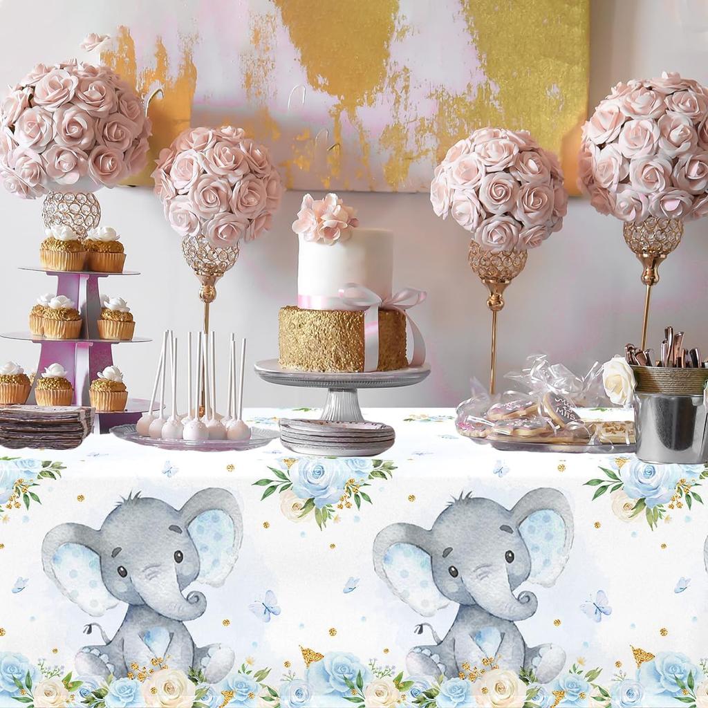 Juweked 3 Pcs Blue Elephant Baby Shower Tablecloth for Boy It's A Boy Baby Shower Tablecloth Gender Reveal Decor, 70.8" x 42.5"