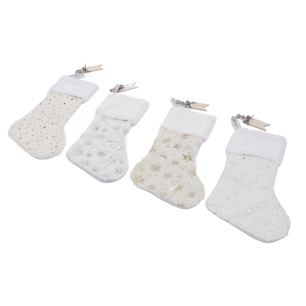 4pcs Stockings Decoration Snowflake Pattern Hot Stamping Technology Xmas Stockings with Wood Tags