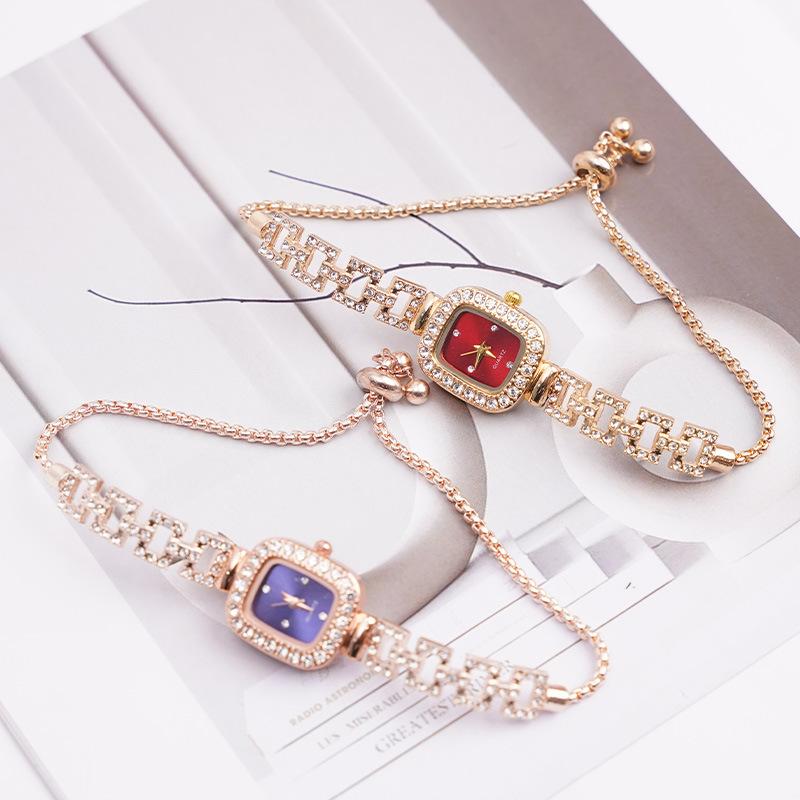Cross-border new small square bracelet pull women's watch free adjustment square chain diamond set small ladies quartz watch