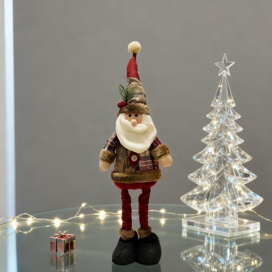Christmas Plush Doll Plaid Standing Santa Snowman Reindeer Plush Figure with Retractable Legs for Xmas Holiday Party Fireplace Table Decor