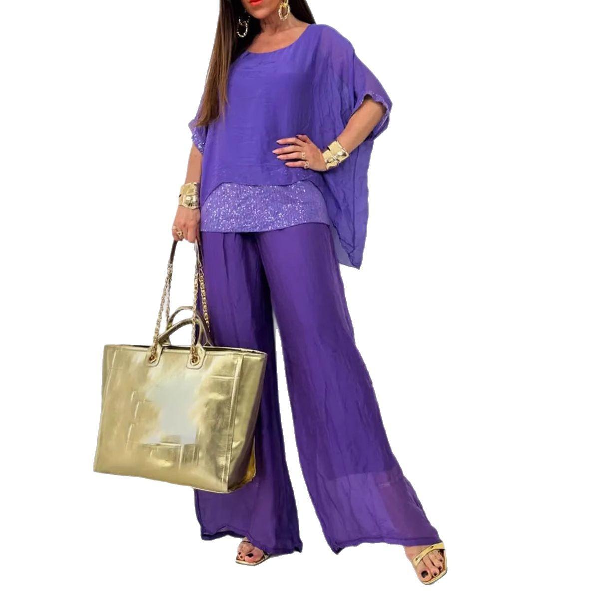

Летний модный однотонный шифоновый костюм для женщин, повседневный, с круглым вырезом, рукавами «летучая мышь», топом с пайетками и брюками широкого кроя, комплект из двух предметов XXXL фиолетовый