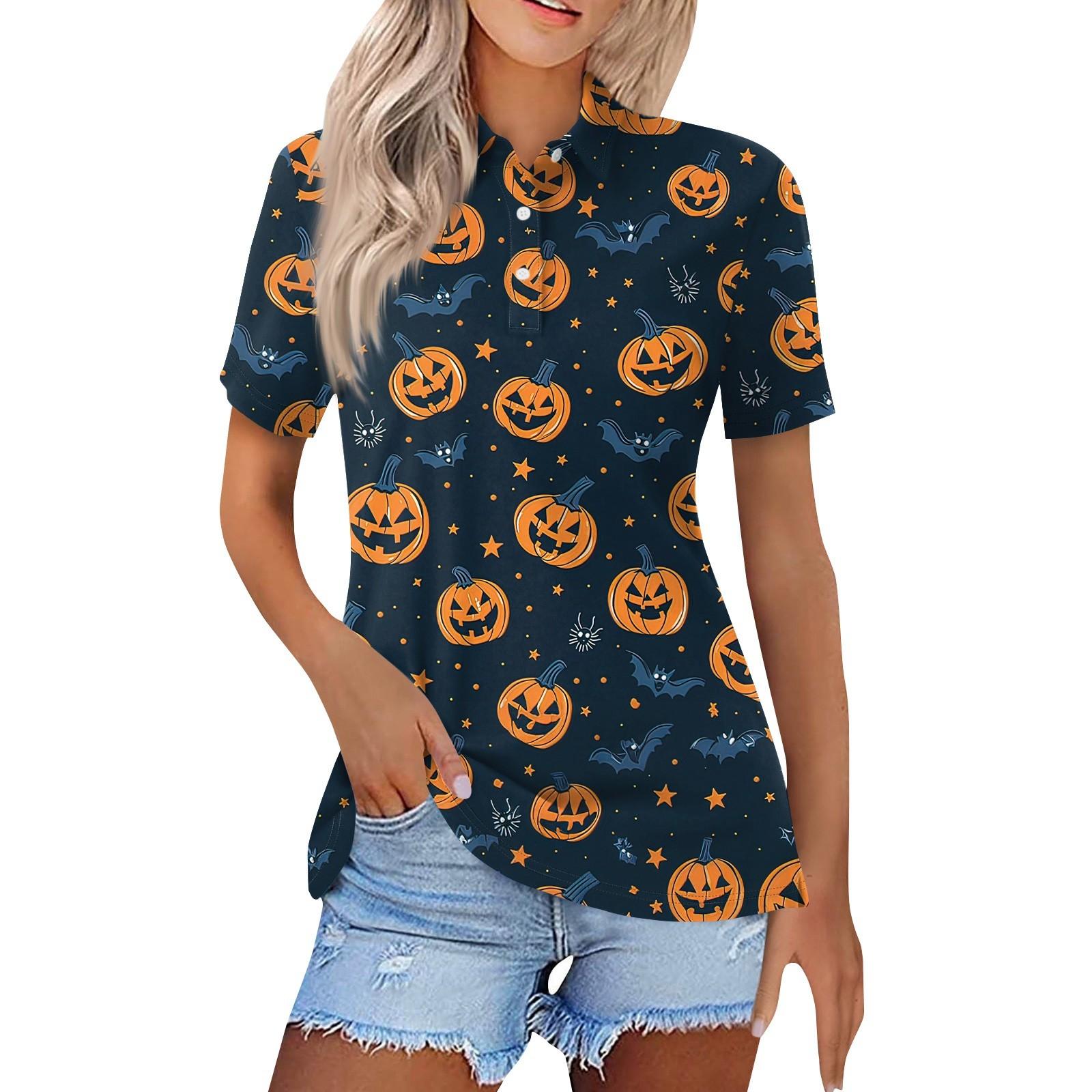 

Женская модная повседневная рубашка с лацканами и короткими рукавами с принтом на Хэллоуин, женские топы на пуговицах L