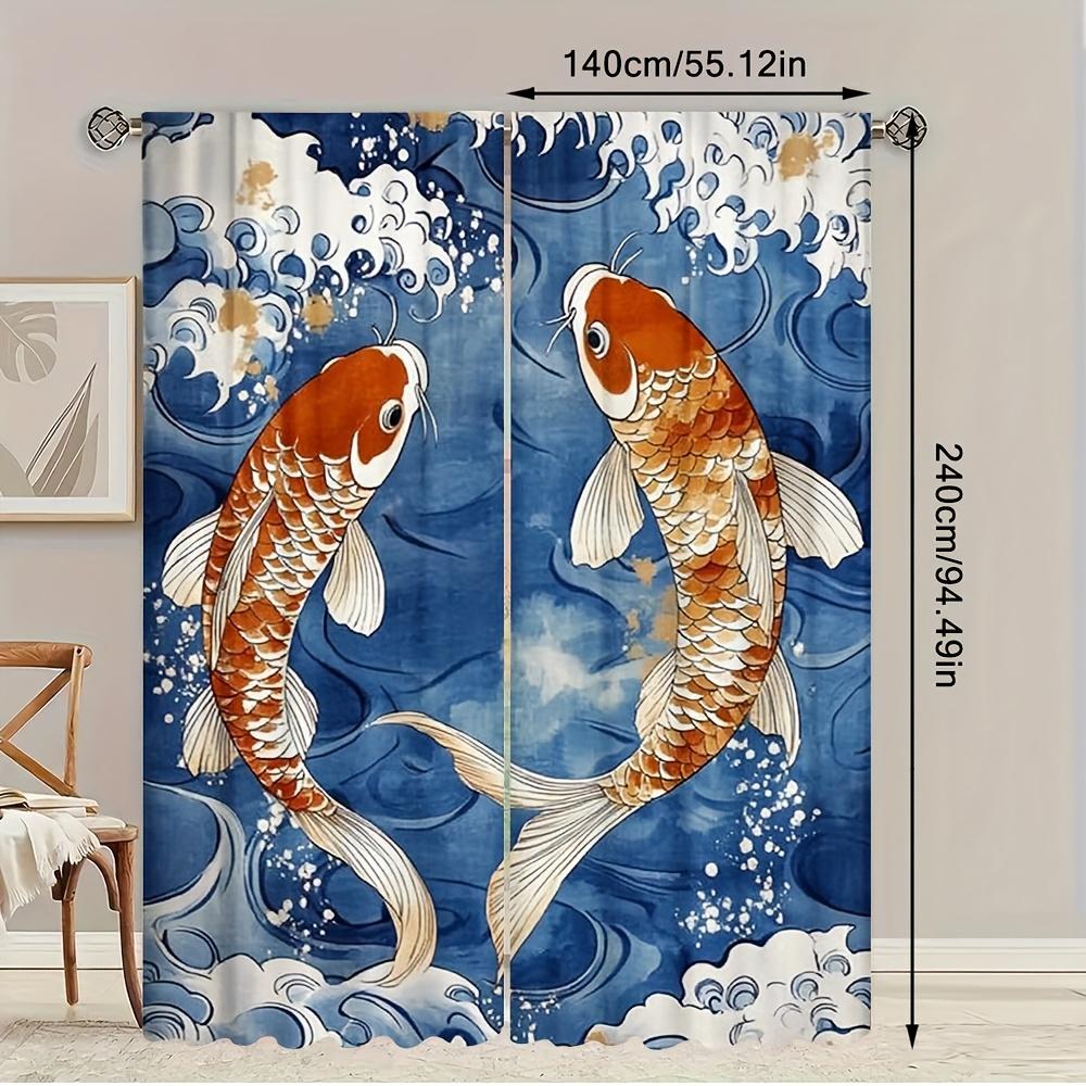 Sheer Japanese Ukiyo Red Carp Wave Print Curtains Semi Polyester Hanging Curtain Set Of 2 Contemporary Made With Rod Pocket Washable