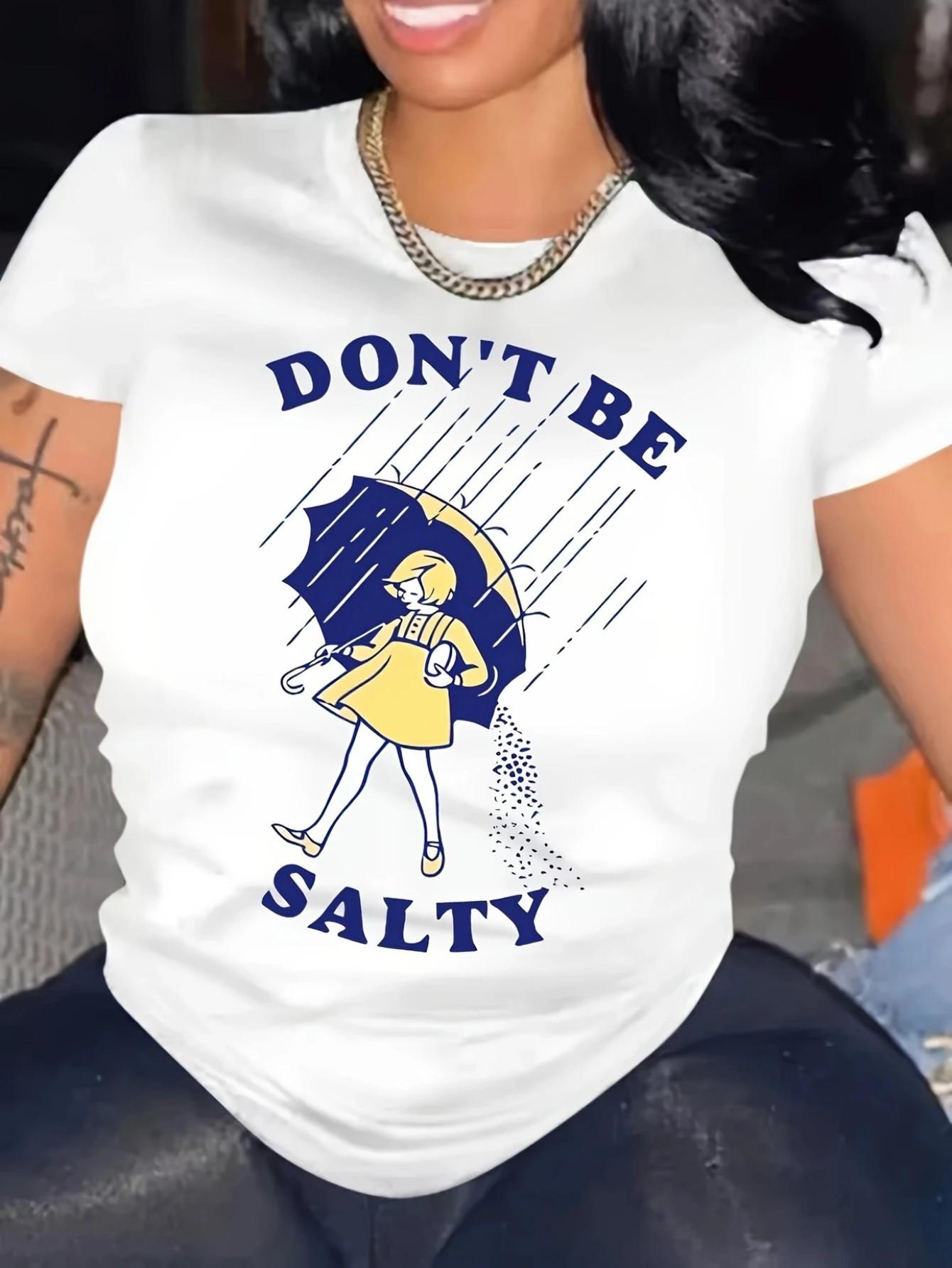 

European size Women s Don t Be Salty Graphic Cotton T-Shirt - Umbrella Print, Loose Fit Round Neck Short Sleeve Tee for Summer Parties 4XL