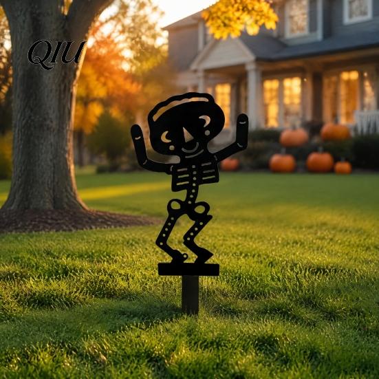 Garden Stakes for Flower Beds Halloween Skeleton Stake, Metal with Bat Spider Yard Art Fun Lawn Ornaments Black Silhouette Decoration Bed Shaped