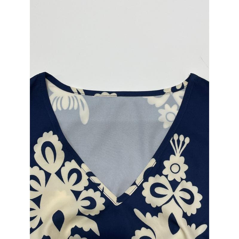 Maxi Abito da Donna Stampato Scollo a V Manica Vita Elastica Casual Boemo Estivo Abiti da Spiaggia