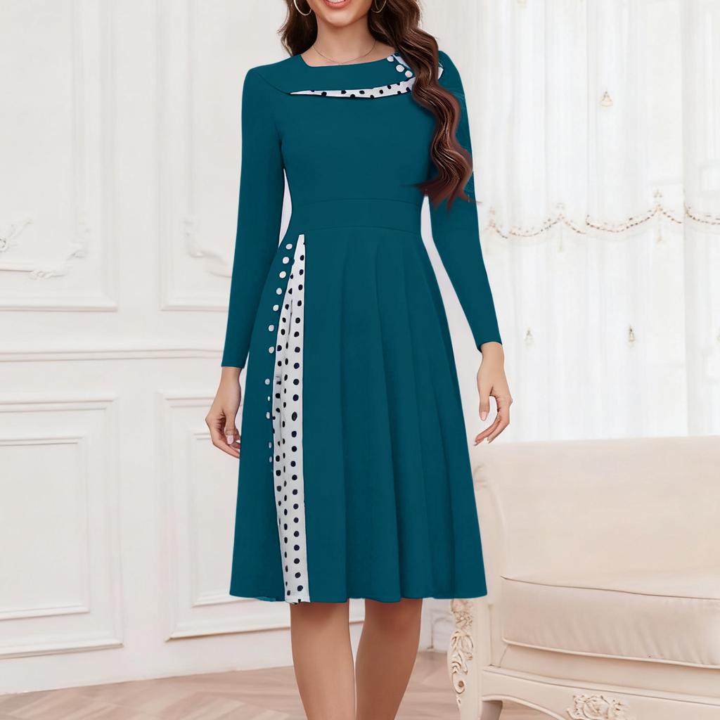 Ladies' Fashionable Retro Long Sleeved Round Neck Polka Dot Printed Dot Dress