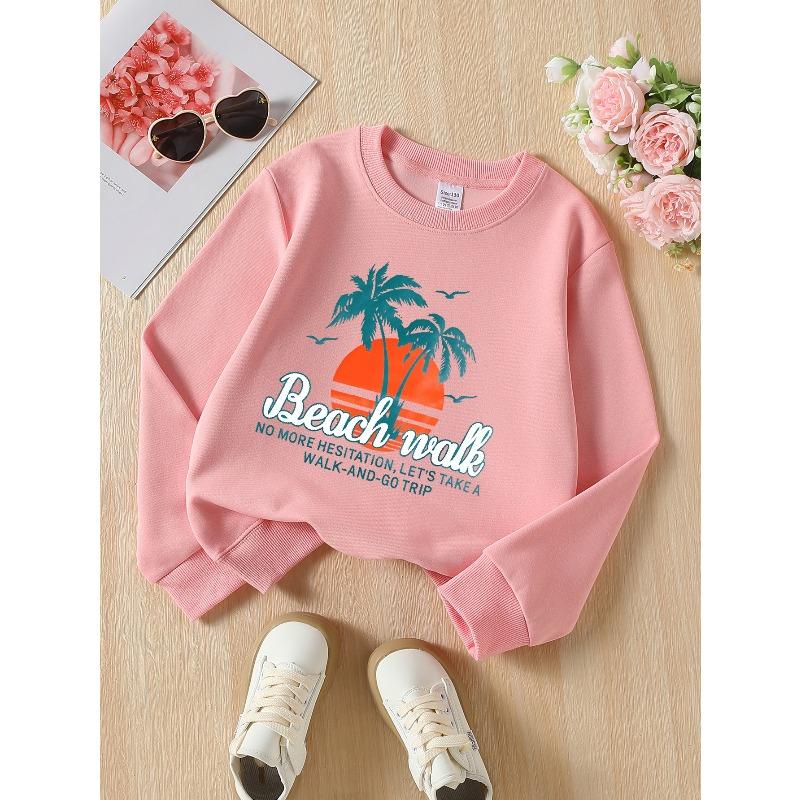 Girls' Fashionable Cute Crewneck Sweatshirt | Beach Walk Sunset Palm Trees Seagulls Adventure Long-sleeved